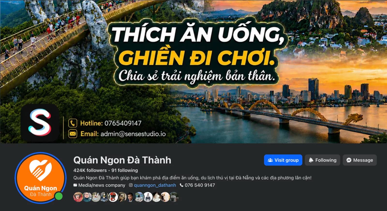 Fanpage Quán Ngon Đà Thành do Sense Studio vận hành: 424K người theo dõi, ảnh bìa “Thích ăn uống, ghiền đi chơi”