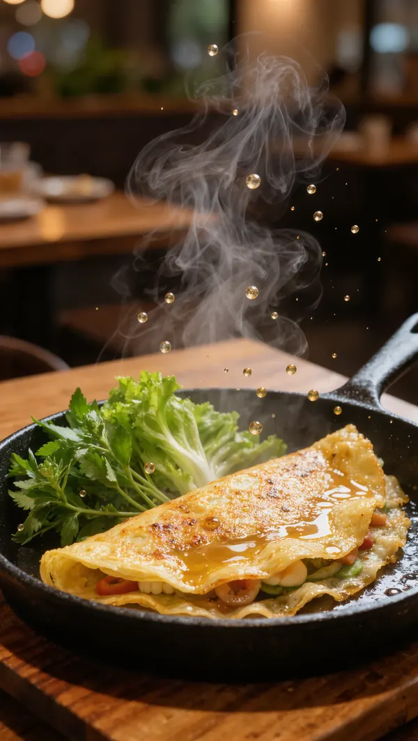 Chiếc bánh xèo vàng giòn đang xèo xèo trong chảo gang