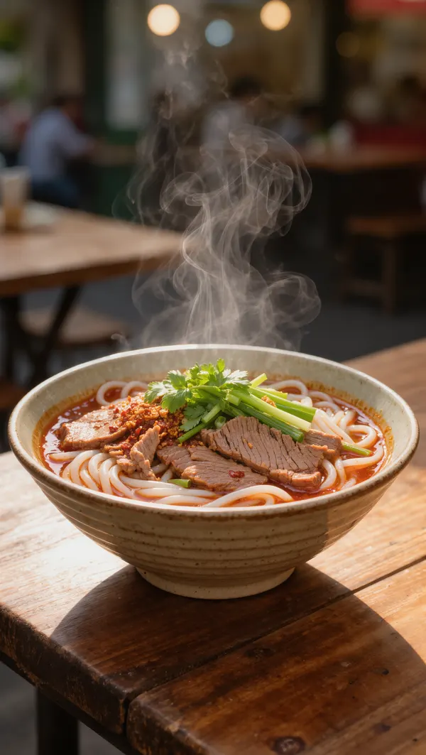 Tô bún bò Huế nước dùng đỏ cay, bốc khói trên bàn gỗ