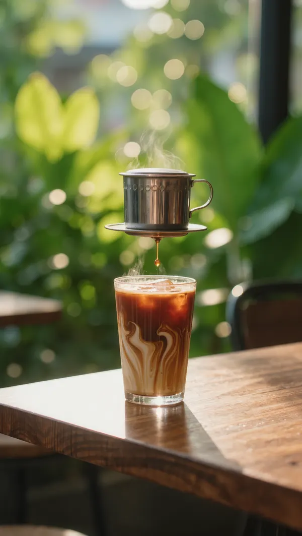 Ly cà phê sữa đá với phin nhỏ giọt trong quán sân vườn