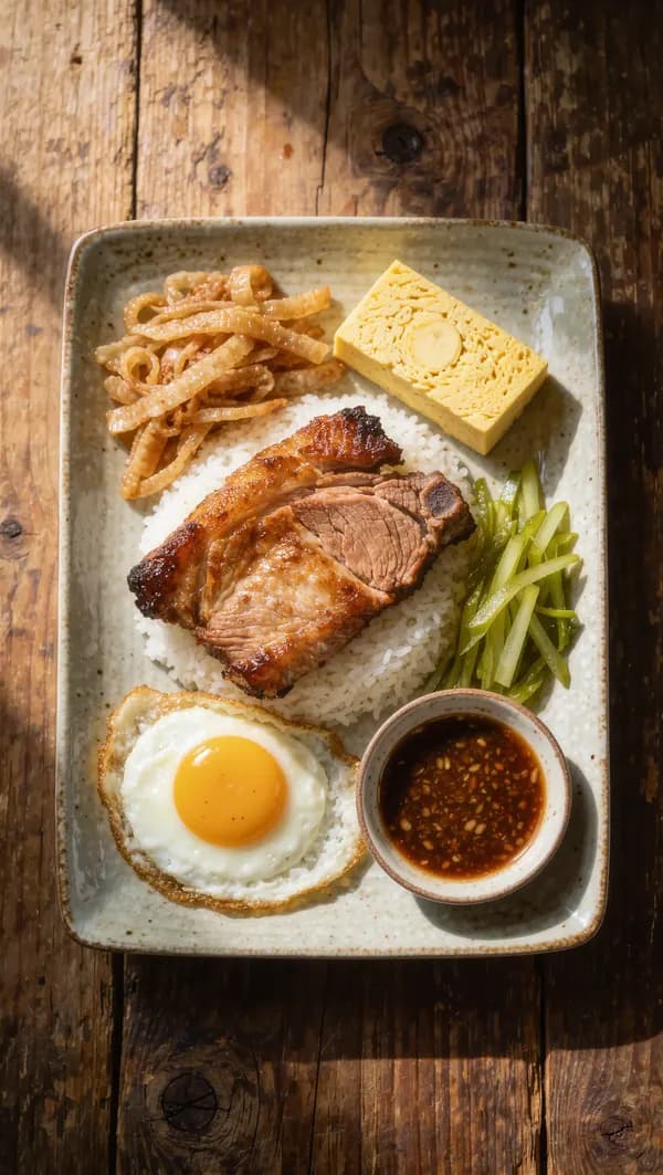 Đĩa cơm tấm sườn nướng, bì, chả trứng và trứng ốp la