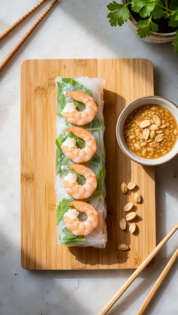 Gỏi cuốn tôm trên thớt tre kèm chén tương đậu phộng