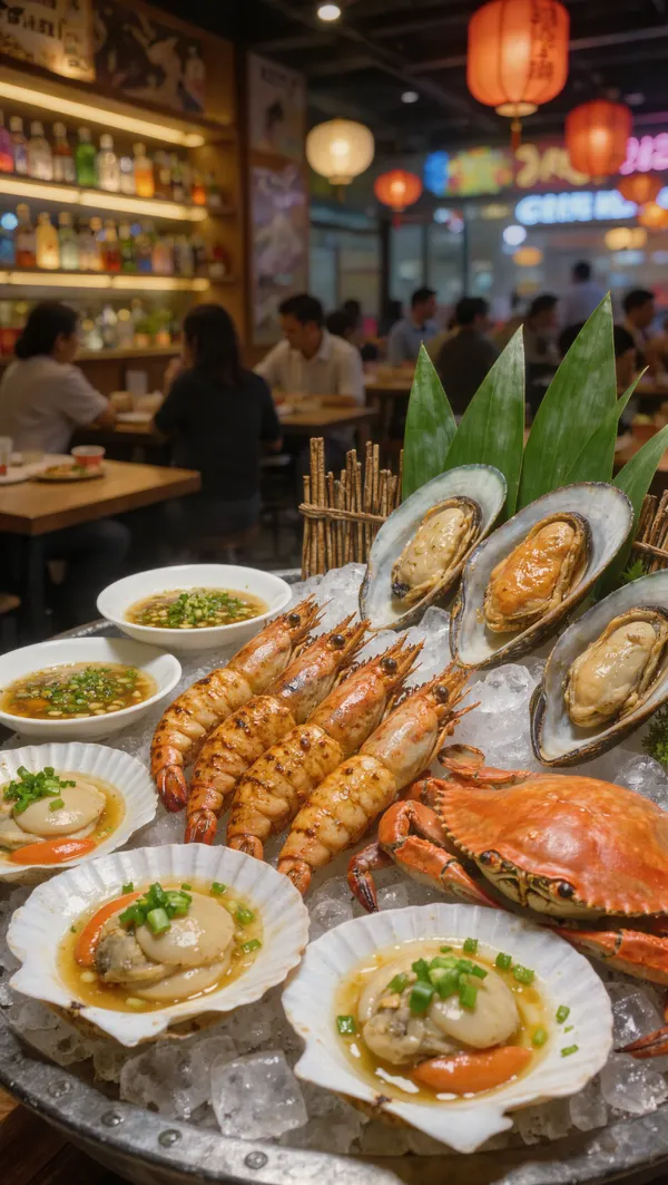 Mâm hải sản tôm nướng, sò điệp mỡ hành và cua