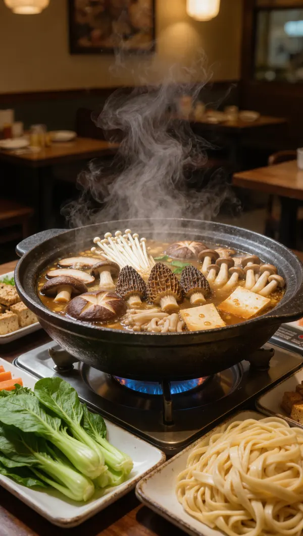 Nồi lẩu nấm sôi nghi ngút khói giữa bàn ăn
