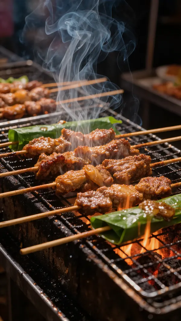Xiên nướng và bò lá lốt trên bếp than hồng ban đêm